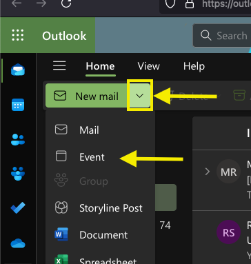 Picture of New mail button where anyone can select the down arrow and then "event".